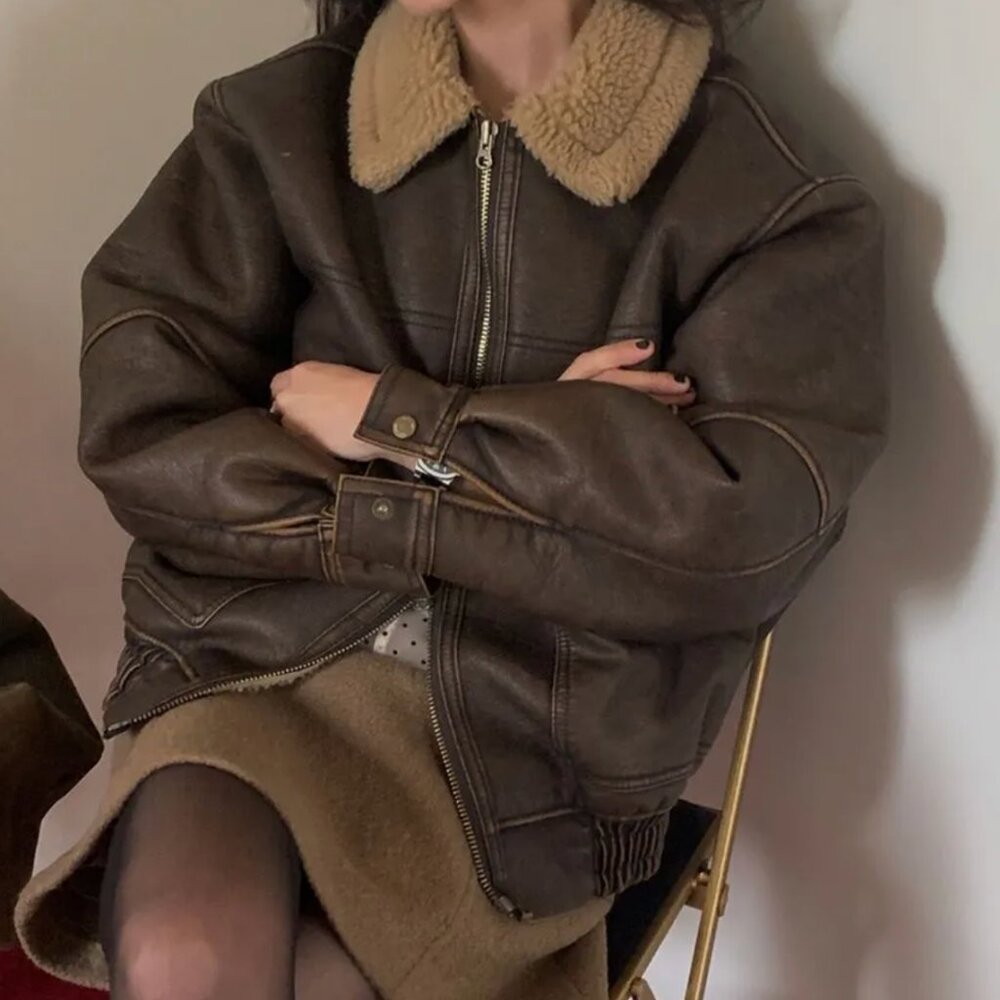 Maybebaby Faux Leather Oversized Shearling Bomber Jacket in Brown XS-M
